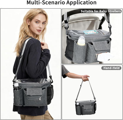 Stroller Organizer with Insulated Cup Holders - Universal Stroller Caddy Bag Fits for Uppababy, Baby Jogger, Nuna - Detachable Shoulder Strap & Large Storage for Diapers, Wipes (Black)