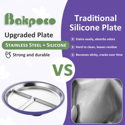 Bakpoco Stainless Steel Toddler Plate with Suction, 9” Divided Plates with Removable Silicone Sleeves for Kids, Non Toxic & BPA Free | Non Slip | Unbreakable Baby Snack Dishes Set of 2, Blue & Gray