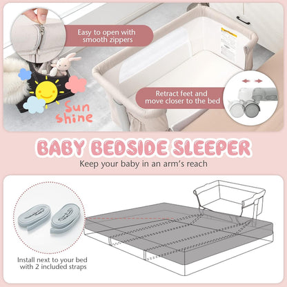 BABY JOY Bassinet Bedside Sleeper, 3 in 1 Folding Crib w/Adjustable Height, Mattress, Lockable Wheels, Storage Pocket & Carry Bag for Infant Newborn, Stationary & Rock, Portable Baby Bassinet (Grey)