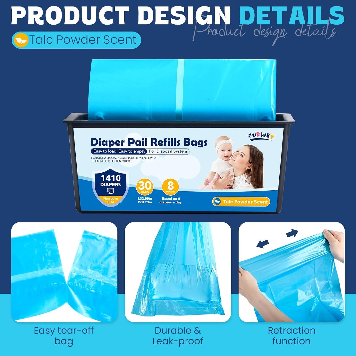 Diaper Pail Refill Bags 30 Bags Per Refill，Compatible with Genie Easy Roll Signature Diaper Pails Holds Up to 5640 Newborn Diapers Talc Powder Scent 7 Layer Odor Barrier,Scented,4PACK (120 Bags)