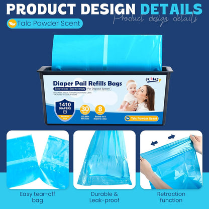 Diaper Pail Refill Bags 30 Bags Per Refill，Compatible with Genie Easy Roll Signature Diaper Pails Holds Up to 5640 Newborn Diapers Talc Powder Scent 7 Layer Odor Barrier,Scented,4PACK (120 Bags)