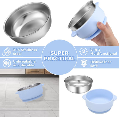 2 Pack Stainless Steel Baby Bowls with Removable Non-Slip Silicone Suction Shell and Lids, Anti Scald Food Container for Baby Food Feeding-Gray & Cream