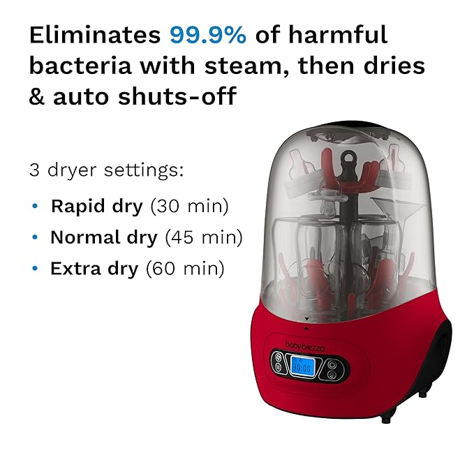 Baby Brezza Baby Bottle Sterilizer and Dryer Machine – Electric Steam Sterilization - Universal Fit - Pacifiers, Glass, Plastic, and Newborn Feeding Bottles, Red