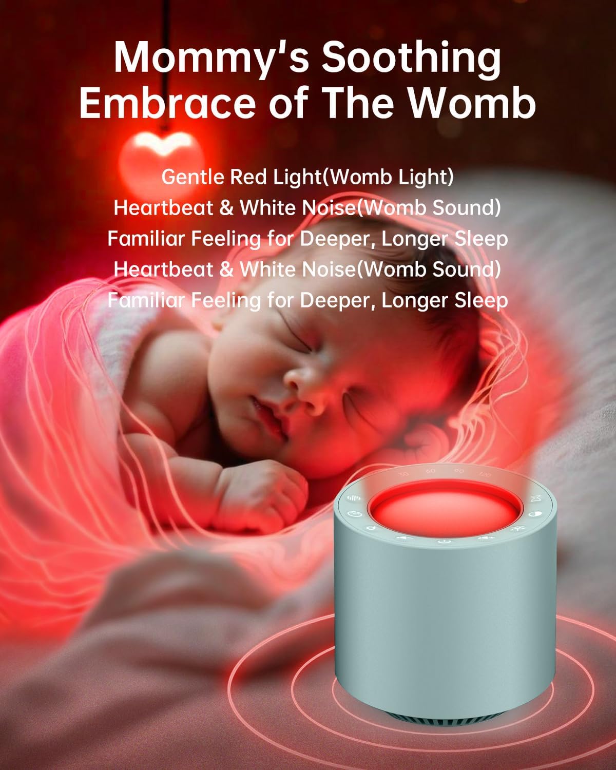 White Noise Sound Machine: Red Light Therapy Sleep Sound Machine with 38 Soothing Sounds & Calming Womb Soother, Memory Function, Dimmable Nursery Night Light with Timer for Baby Adult Gift