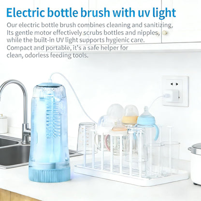 Portable Electric Silicone Bottle Brush Set, 7-in-1 UV LIGHT USB Charging, Nipple/Straw Cleaner, Milk Mixer, Built-in Drying Rack & Storage Case, BPA-Free, IPX7, On-the-Go for New Parents (Blush)