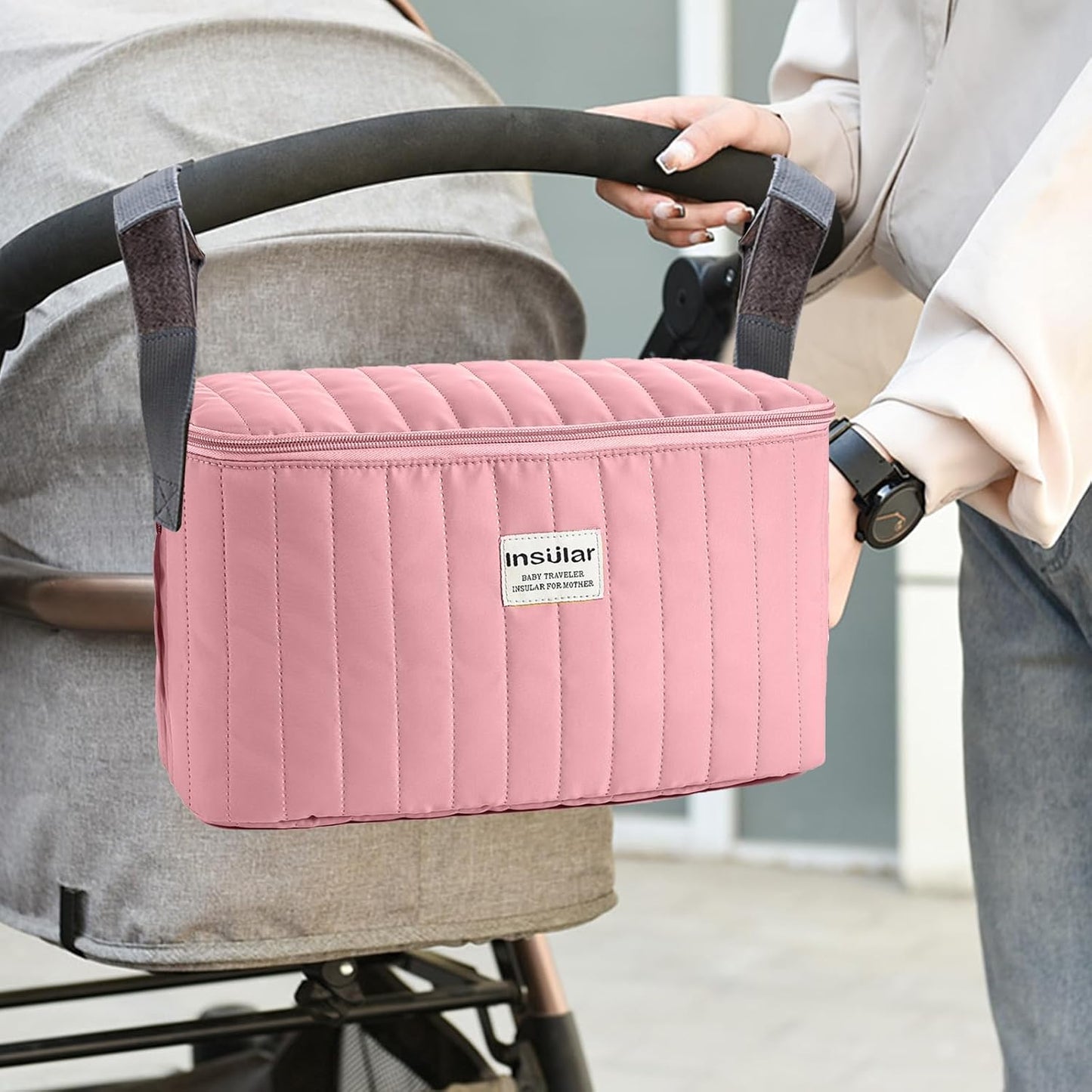 SONARIN Multifunctional Waterproof Pram Buggy Bag Organiser,Portable Lightweight Baby Stroller Bag Organizer Pushchair Storage Bag,Universal Fit All Buggy(Pink)