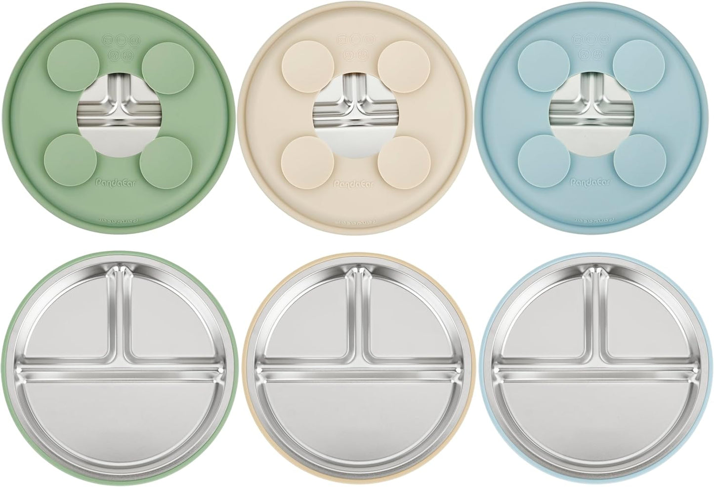 PandaEar 3 Pack Stainless Steel Baby Suction Plates, Divided Toddler Plate for Baby Led Weaning Supplies, Non-Slip Toddler Baby Feeding Set Dishwasher Safe (Pink/Linen/Light Pink)