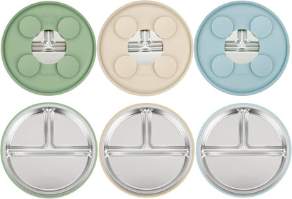 PandaEar 3 Pack Stainless Steel Baby Suction Plates, Divided Toddler Plate for Baby Led Weaning Supplies, Non-Slip Toddler Baby Feeding Set Dishwasher Safe (Pink/Linen/Light Pink)