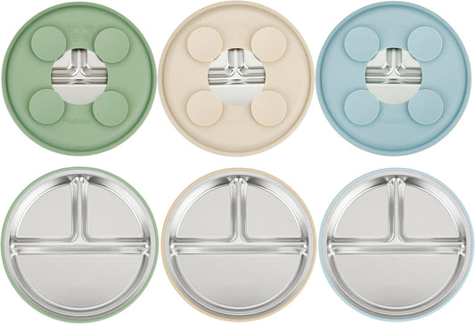 PandaEar 3 Pack Stainless Steel Baby Suction Plates, Divided Toddler Plate for Baby Led Weaning Supplies, Non-Slip Toddler Baby Feeding Set Dishwasher Safe (Pink/Linen/Light Pink)