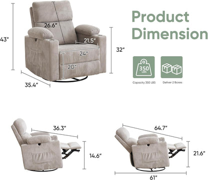 Rocking Chair Nursery with Adjustable Armrest for Breastfeeding, Glider Recliner Nursery Chair with Massage and Heat, Power Swivel Rocker Recliner with Adjustable Headrest, Corduroy, Beige