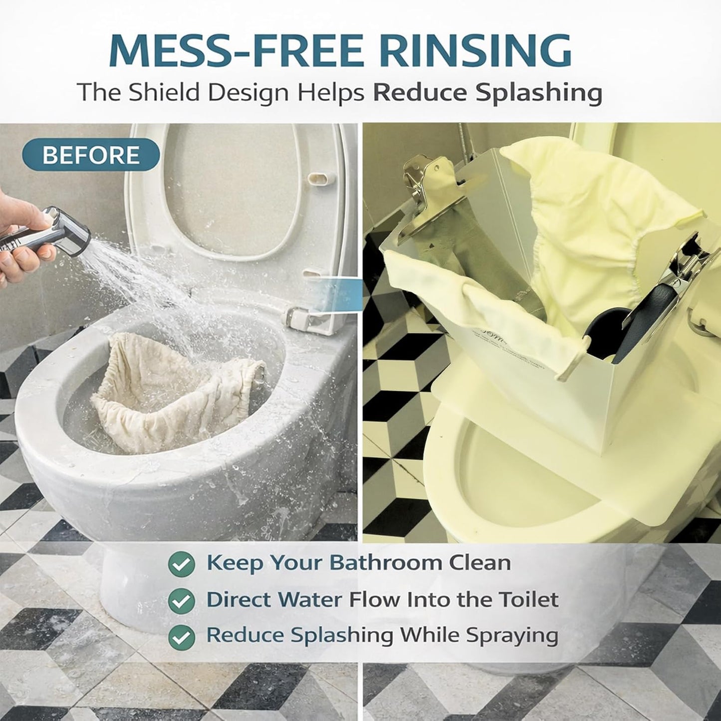 Cloth Diaper Sprayer Splatter Shield for Toilet, Snap Button Diaper Holder & Clips, Foldable Diaper Spray Bucket for Hands-Free Mess-Free Cleaning