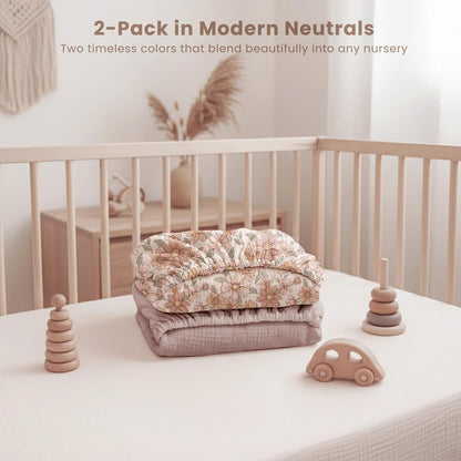 Konssy Muslin Mini Crib Sheets, 100% Soft Cotton Pack and Play Sheets for Pack N Play Mattress, Playard Baby Crib Sheets for Baby Girls (Floral, Pink)