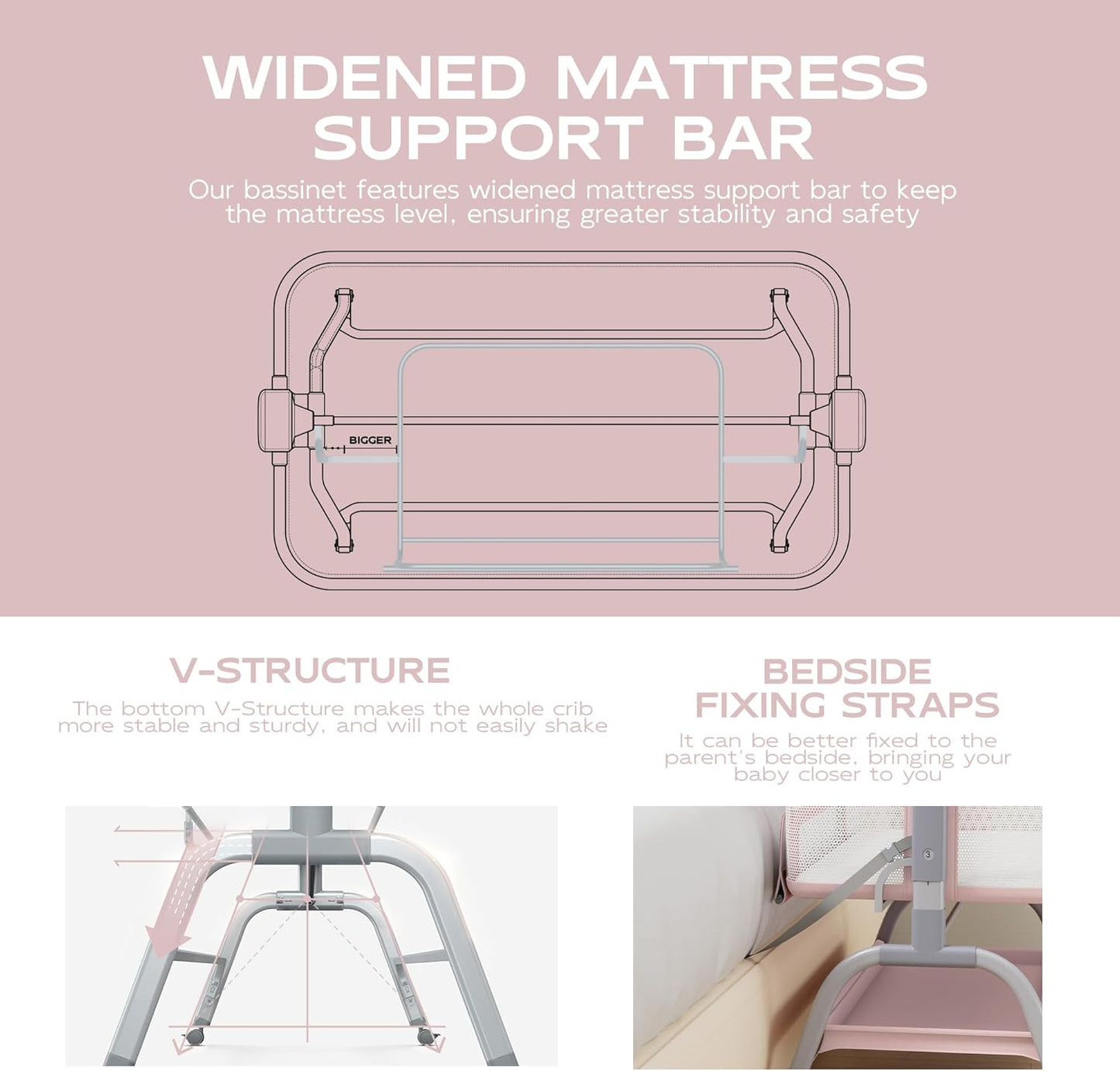 BabyBond Baby Bassinet, 3 in 1 Bassinet Bedside Sleeper with Washable Soft Mattress and Sheet, 6 Height Adjustable Bedside Crib, 4-Sided Mesh Bedside Bassinet for Baby