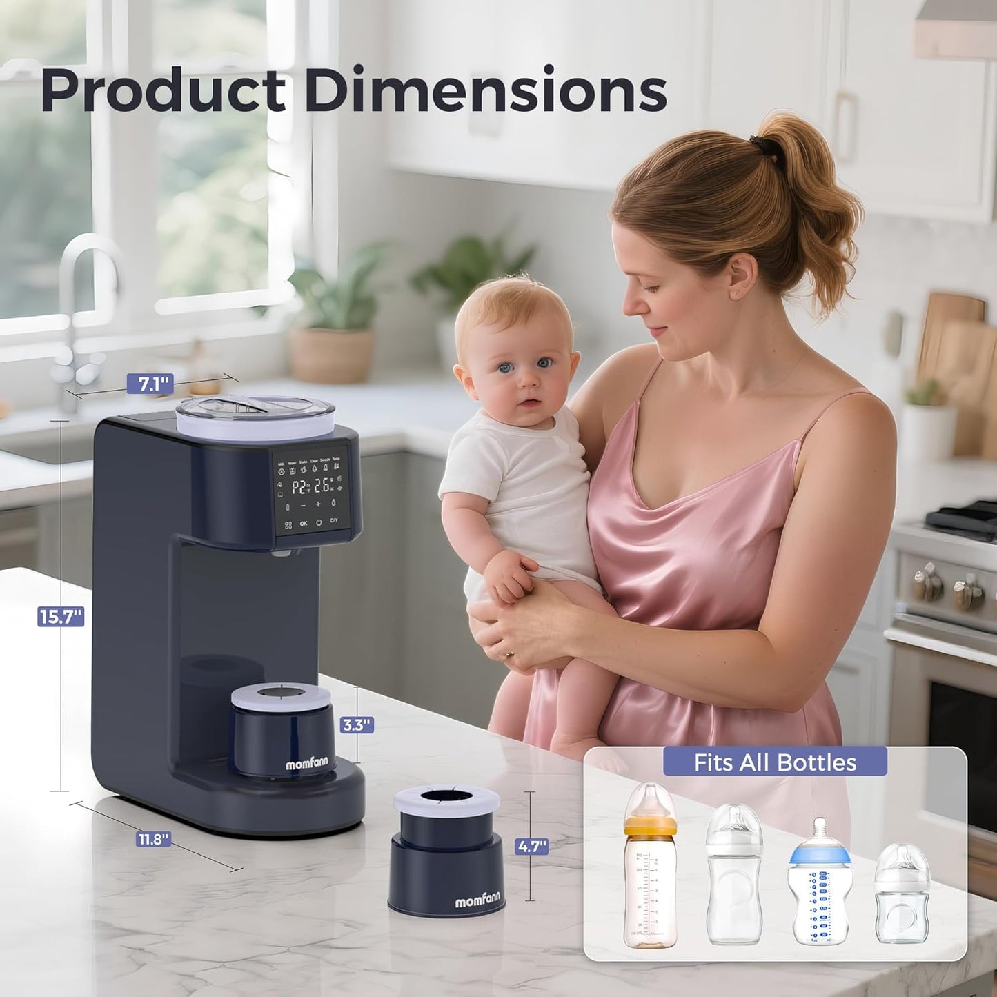 MOMFANN Automatic Baby Formula Maker – Fast Formula Dispenser for Instantly Mixing Warm Bottles with Precise Powder & Water Ratio, 3 Temp Settings, One-Touch Clean, Fits Most Bottles & Formula Brands