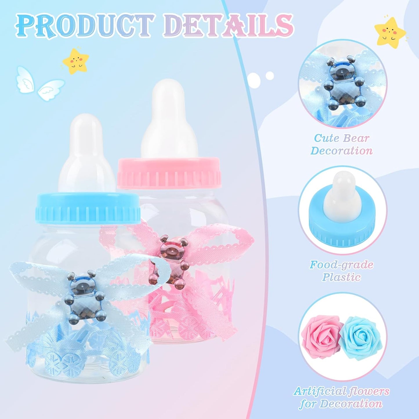 MACTING 2 Dozens 3.5 Inch Feeding Bottle Candy Box with 5 Pcs Artificial Flower Rose for Baby Shower Favor Gift Decoration (Pink)