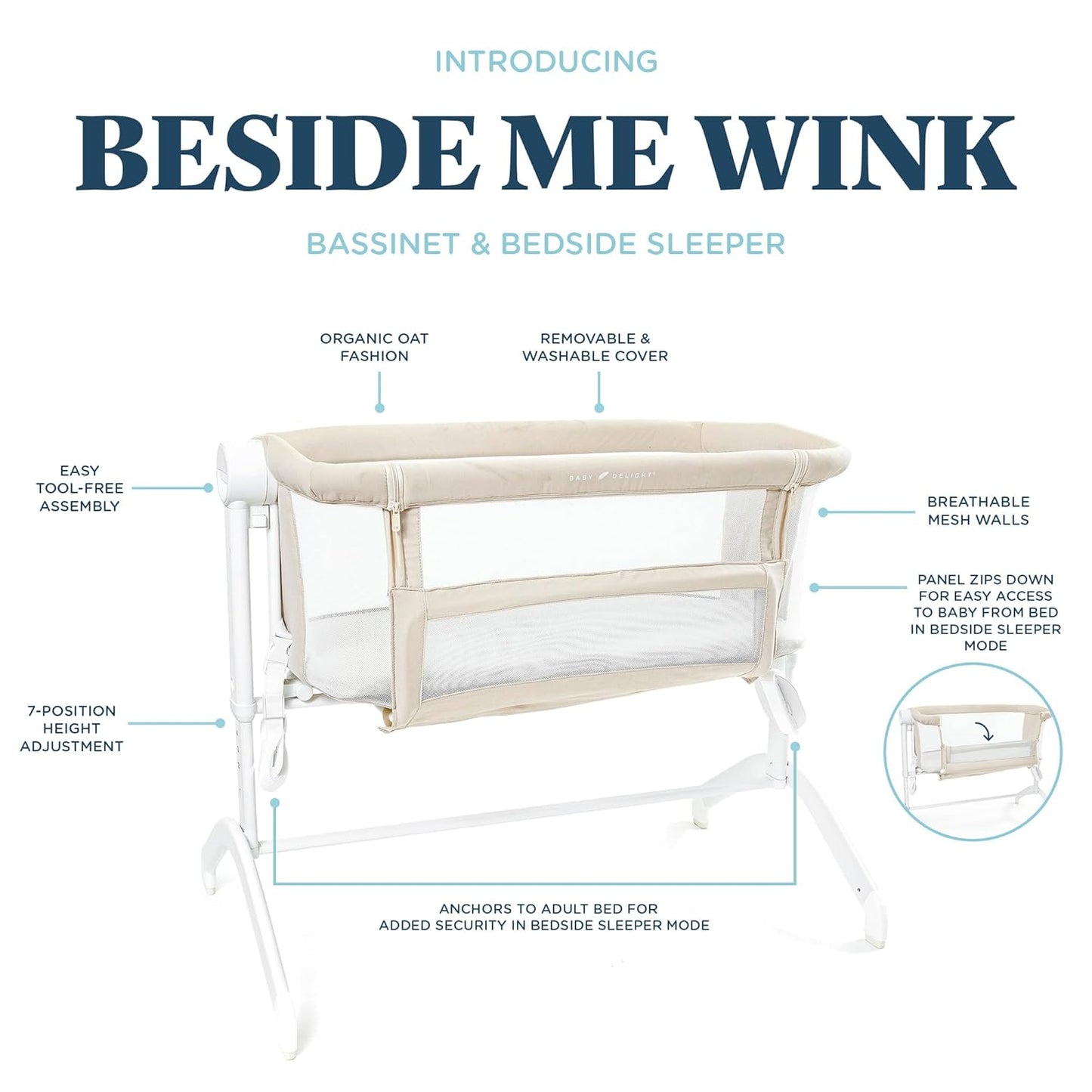 Baby Delight Beside Me Wink Bassinet | Bedside Sleeper | 7-Position Height Adjustment | Organic Oat