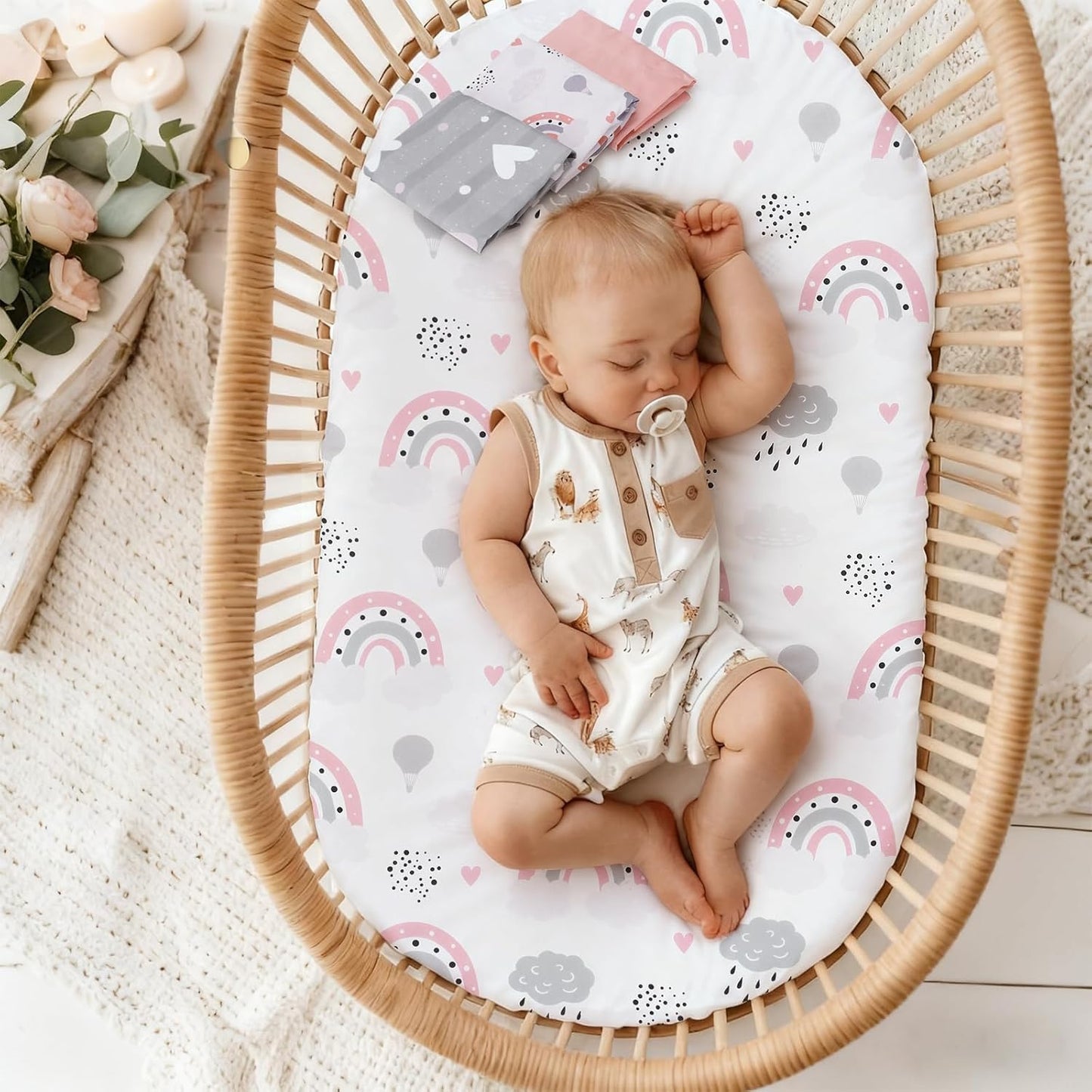 3 Pack Stretchy Bassinet Sheets 20" x 33" Compatible with Baby Delight, Angelbliss, Maxi-COSI & Most Regular Size Bedside Sleeper- Soft Breathable Fitted Bassinet Sheets for Baby - Yellow & Flower