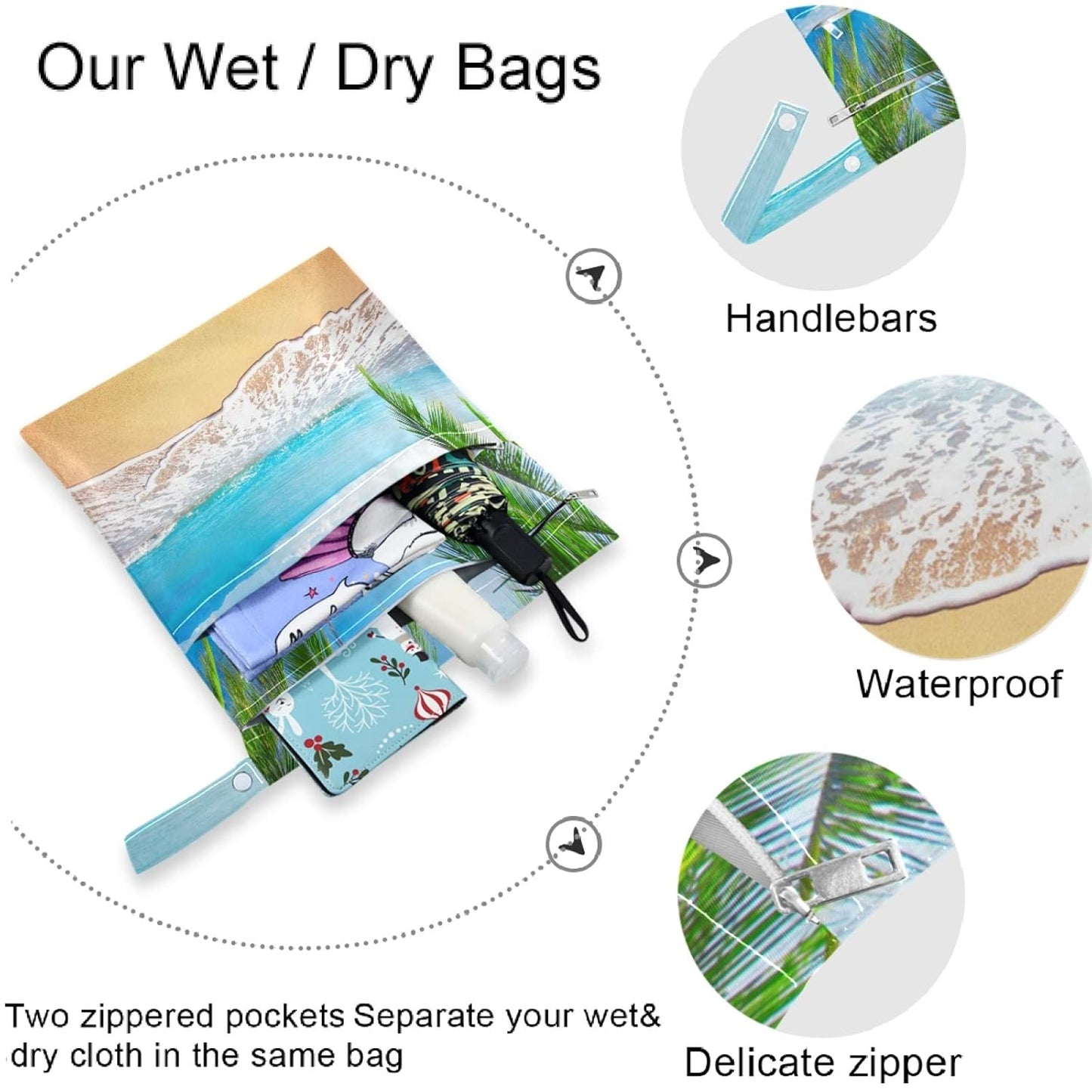 visesunny Yellow Dinosaurs Volcano and Palm Tree 2Pcs Wet Bag with Zippered Pockets Washable Reusable Roomy for Travel,Beach,Pool,Daycare,Stroller,Diapers,Dirty Gym Clothes, Wet Swimsuits, Toiletries