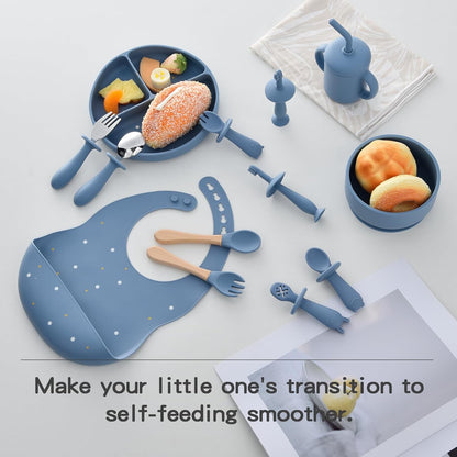Silicone Feeding Set, 13PCS Baby Feeding Essentials with Suction Bowl & Plate, Spoons & Forks, Bib & Cup, Toothbrush, Baby Led Weaning Supplies for 6+ Months, Eating Essentials (Blue)