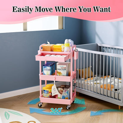 SUNALLY 3 Tier Rolling Cart with Drawer, Bathroom Storage Organizer with 2 Lockable Wheels, Multifunctional Rolling Storage Cart for Bathroom, Kitchen, Office, Craft, Makeup, Baby Essentials, White