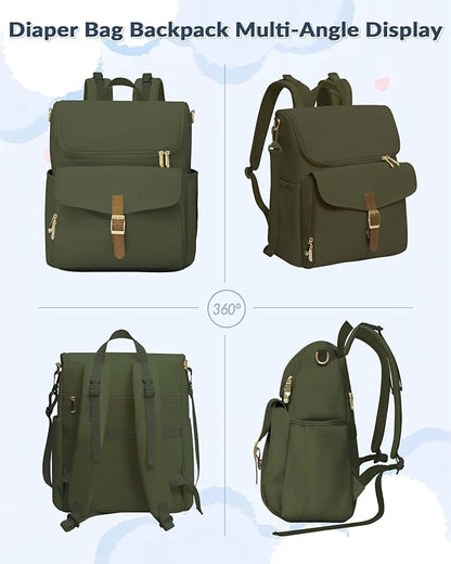 Baby Diaper Bag, Multi-Function Baby Bag for Mom Dad, 15 Pockets Pañaleras para Bebe Stroller Straps, Newborn Baby Essentials Must Haves for Girl Boy Army green