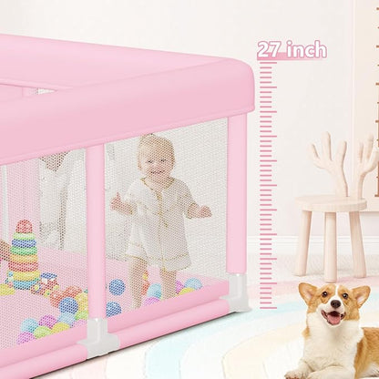 Hiaksedt Large Baby Playpen 74"x50", Baby Girl Play Pen for Babies and Toddlers Pink, Safe Structure and Soft, Skin-Friendly Fabric with Zipper Gates