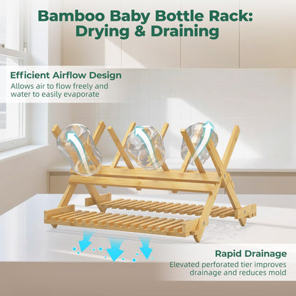 EsLuker.ly Baby Bottle Drying Rack Bamboo Vertical Dryer Holder, Space Saving for 12 Milk Glass Bottle Countertop, Wooden Drain Stand Shelf for New Parents