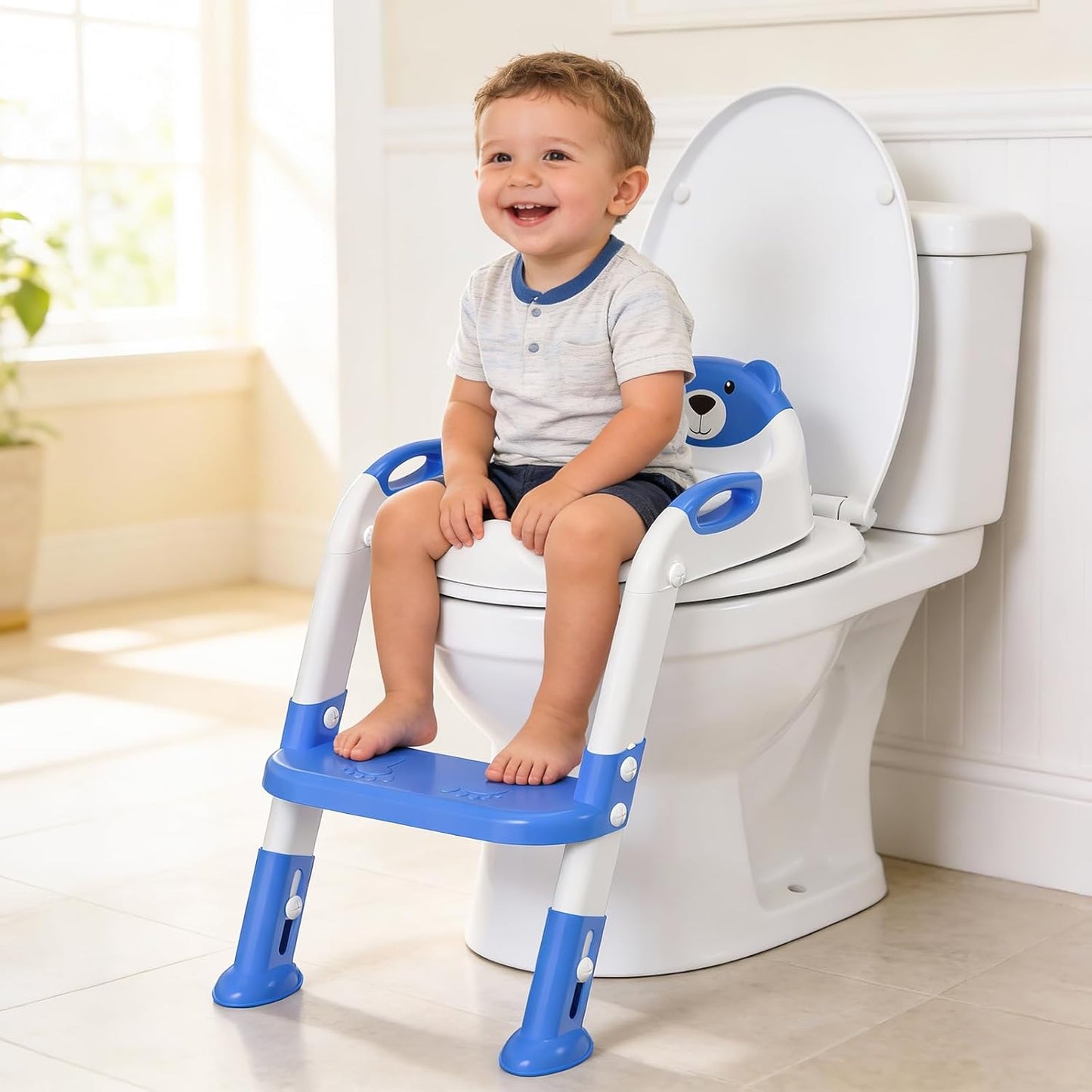 Potty Training Seat, SKYROKU Upgrade Toddler Toilet Seat for Kids Boys Girls, 2 in 1 Potty Training Toilet, Splash Guard Anti-Slip Pad Step Stool,New Sector-Shape Stabilized Base (8899+Grey)