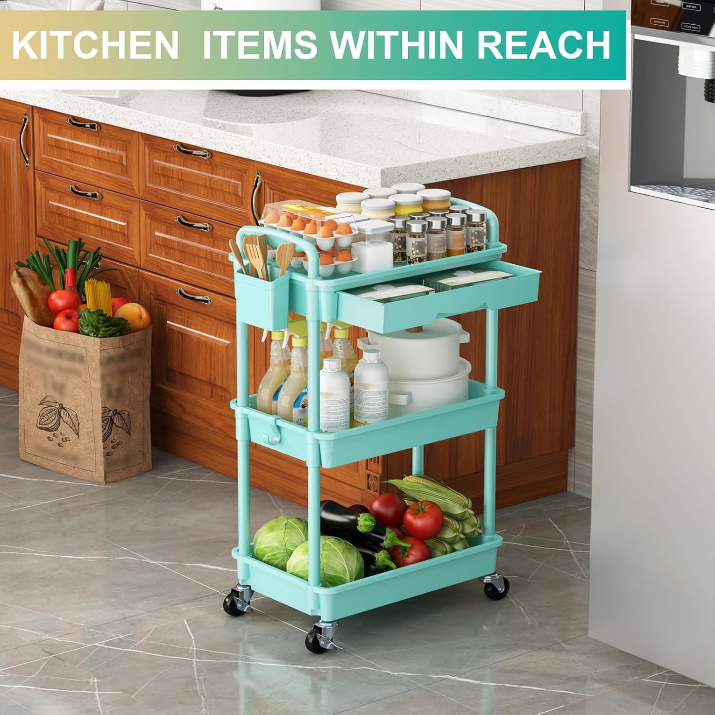 Goovilla 3 Tier Rolling Utility Cart Organizer with Removable Drawer, Stable and Sturdy White Rolling Storage Carts with 2 Lockable Wheels for Bathroom, Kitchen, Snack, Craft, Makeup, Baby Essentials