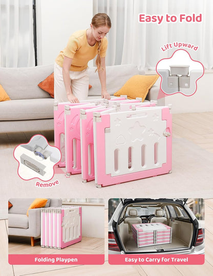 Baby Playpen, Dripex Baby Playard for Babies and Toddlers, 14-Panel Foldable Playpen Adjustable Portable Play Area, Indoor/Outdoor Kids Active Center with Game Panel & Safety Gate, Grey White