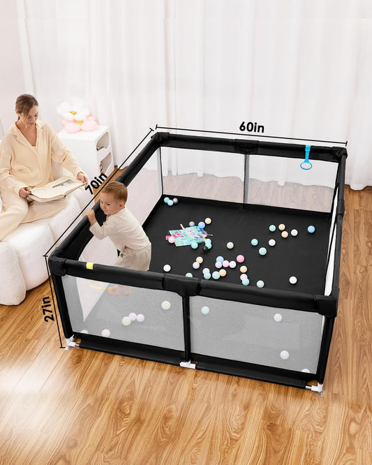 Baby Playpen with Mat, 71" x 59" Extra Large Play Yard for Babies and Toddlers, Baby Fence with Soft Thick Play Mat, Indoor Safety Activity Center for Infants, Easy to Assemble and Clean（Gray）