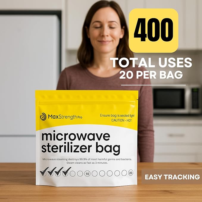 Max Strength Pro Microwave Steam Sterilizer Bags 20pc for Baby Bottles, Soothers, Teethers, Breast Pump Parts, Training Cups, Accessories, Reusable Large Bags, 20 Uses Per Bag, Easy Tracking System