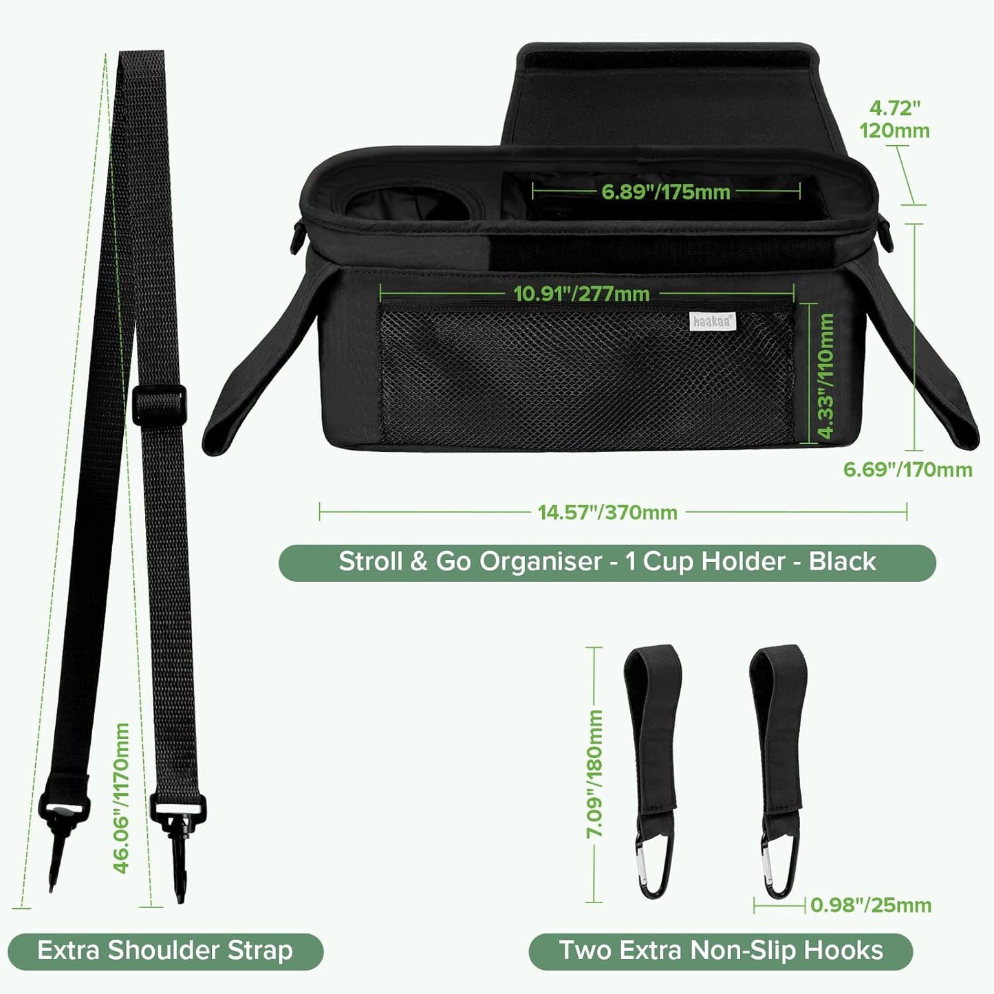 haakaa Universal Stroller Organizer - Black, Single Cup Holder, Stroller Caddy Accessories with Shoulder Strap & Extra Non-Slip Stroller Hook, Fits Most Strollers