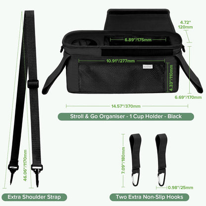 haakaa Universal Stroller Organizer - Black, Single Cup Holder, Stroller Caddy Accessories with Shoulder Strap & Extra Non-Slip Stroller Hook, Fits Most Strollers
