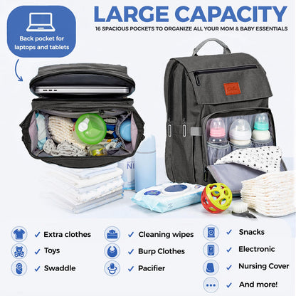 PILLANI Baby Diaper Bag Backpack - Large Waterproof Travel Diaper Bag for Boys & Girls, 16 Organizer Pockets with Changing Pad, Insulated Bottle Pockets & Stroller Straps, Baby Shower Gifts, Dinosaur