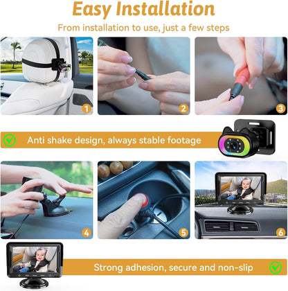 Wkzay Baby Car Camera 2-Pack – HD 1080P, 150° Wide Angle, Night Vision, Adjustable LED Light, Easy Installation, Infant Safety, Rear Seat Monitoring for Car Travel
