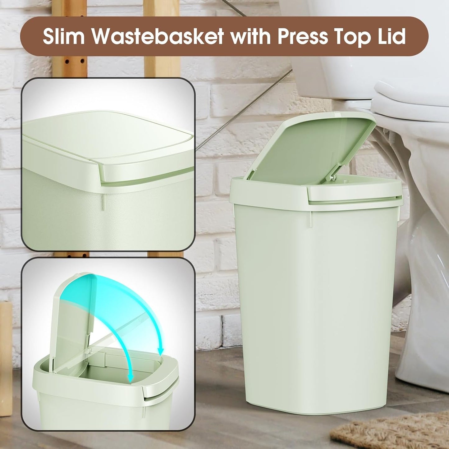 CEROELDA 3 Pack Bathroom Trash Can with Lid, 10L/2.6 Gal Small Garbage Can with Press Top Lid, Slim Plastic Waste Basket for Toilet, Office, Bedroom (Muti 1)