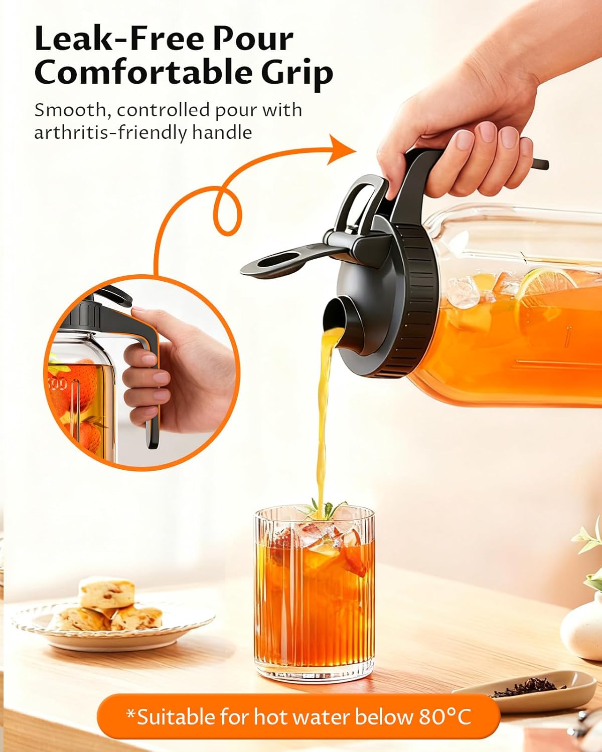 64oz Glass Breast Milk Pitcher with Lid & Pour Spout, 2 Quart Airtight Leakproof BreastMilk Fridge Storage Container - Wide Mouth, Dishwasher Safe Formula Pitcher with Handle