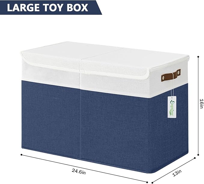 Bagnizer Large Toy Storage Box with Lids, Collapsible Sturdy Baby Storage Organizer Chest Bin Basket for Kids, Boys, Girls, Playroom, Nursery, Bedroom, Closet 25"x13"x16" (Navy Blue and White)