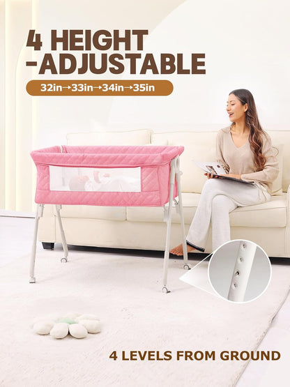 Baby Bassinet Bedside Sleeper - Upgrade Safety Bassinets with Crib Sheet, Easy to Move, 4 Adjustable Height Bedside Bassinet for Infant Newborn, Cream | More Safer, Easy Move, Storage Bag, Waterproof Sheet, Storage Bag, Easy to Install