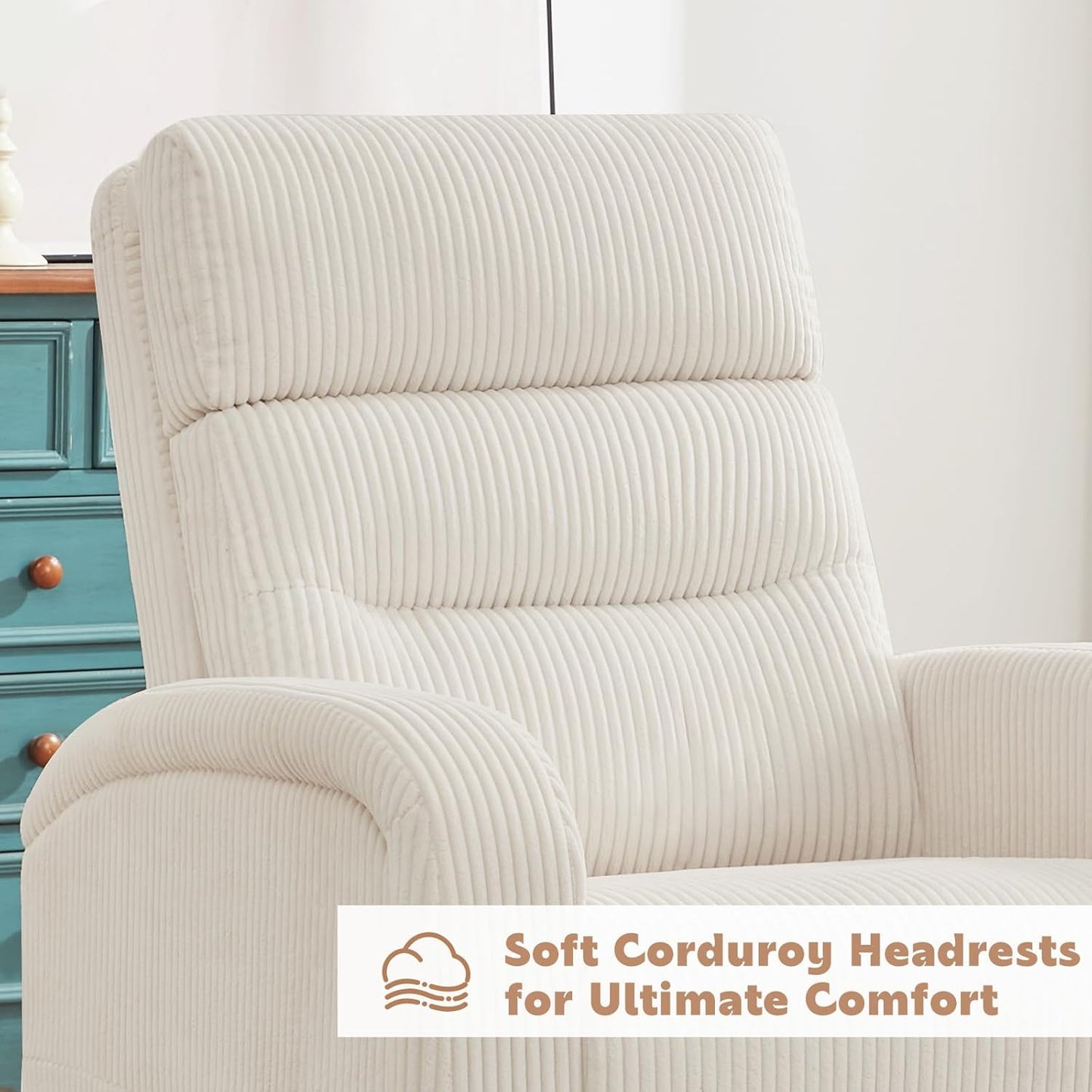 Power Swivel Rocker Recliner Chair for Nursery, Swivel Reclining Rocking Chairs, Electric Glider for Living Room, Upholstered Recliner Chairs for Bedroom, Corduroy White