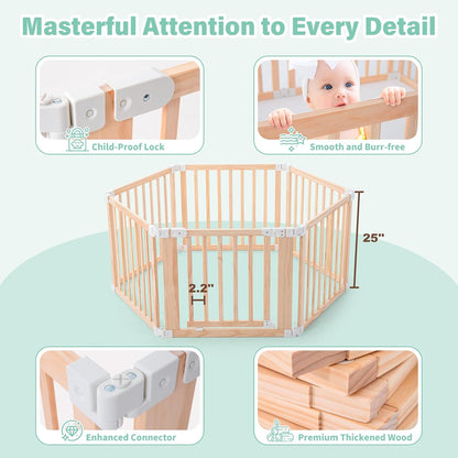 Foldable Wooden Playpen-51x51x25in-Large Baby Gate Playpen with Child-Proof Lock-Easy Assembly, Portable Design for Babies & Toddlers- Shape& Size Adjustable Baby Fence Play Area (Wood, 6 Panel)