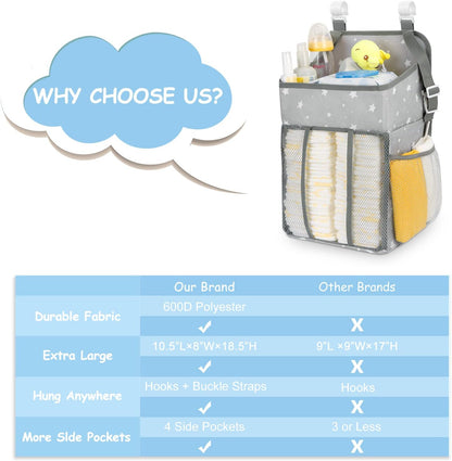 Maliton Changing Table Diaper Organizer - Baby Hanging Diaper Stacker Nursery Caddy Organizer for Cribs Playard Baby Essentials Storage (Gray)