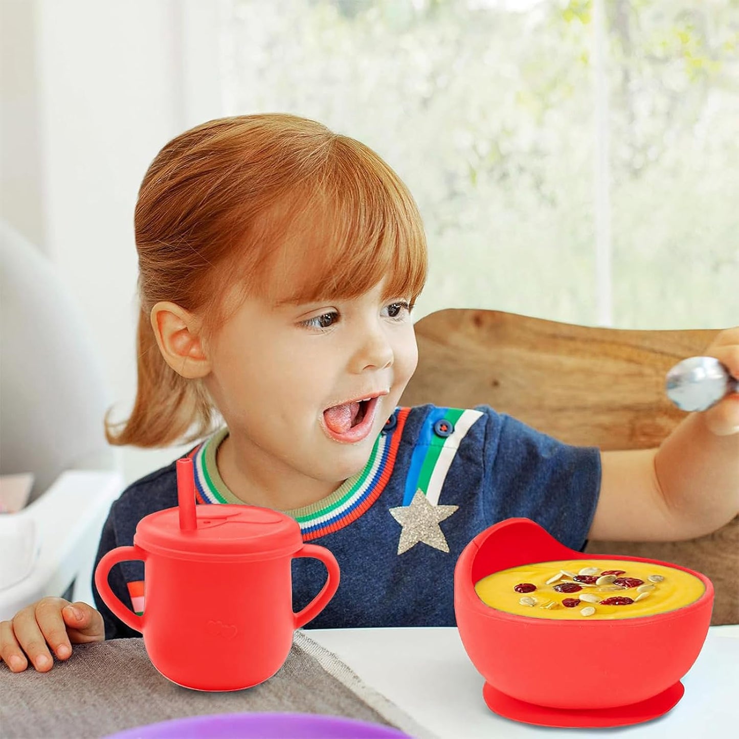 100% Silicone Baby Feeding Set, BPA Free Baby Dishes with Suction Bowl, Divided Plate, Toddler Self Feeding Dish Set with Spoons, Forks, Sippy Cup and Bib, Baby Eating Utensils (Navy Blue)