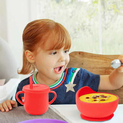 100% Silicone Baby Feeding Set, BPA Free Baby Dishes with Suction Bowl, Divided Plate, Toddler Self Feeding Dish Set with Spoons, Forks, Sippy Cup and Bib, Baby Eating Utensils (Navy Blue)