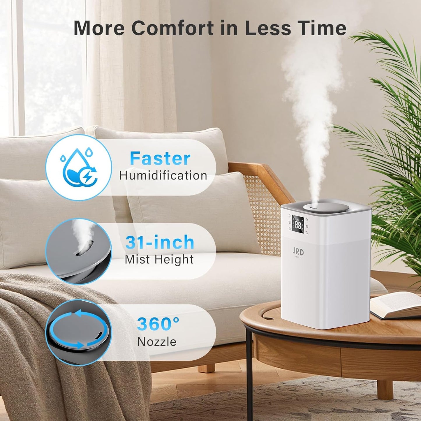 JRD 4L Humidifiers for Bedroom, Cool Mist Humidifier for Large Room, 40H Runtime, 360° Nozzle, Night Light for Home, Office, Baby Nursery, Plants（Black）