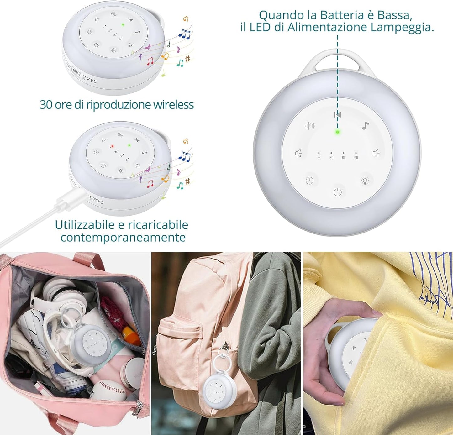 Portable White Noise Machine for Baby & Adults, 24 Soothing Sounds Sleep Sound Machine with Night Light, Timer & Memory Function, USB Rechargeable Portable Sound Machine for Travel Home Office