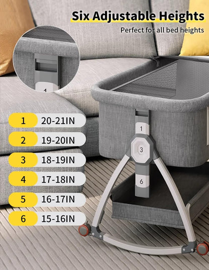 Baby Bassinet, Bedside Bassinet for Baby, 4 in 1 Portable Bassinet Bedside Sleeper with Wheels Mosquito Net & Storage Basket, 6 Height Adjustable Rocking Bassinet for Newborn Baby
