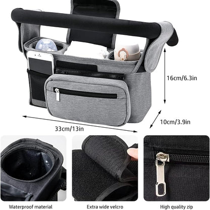 Baby Stroller Organizer, Universal Stroller Organizer with Detachable Phone Bag, Stroller Caddy with 2 Insulated Cup Holders, Buggy Organizer Bag with 2 Hooks Fits Most Strollers (Balck)