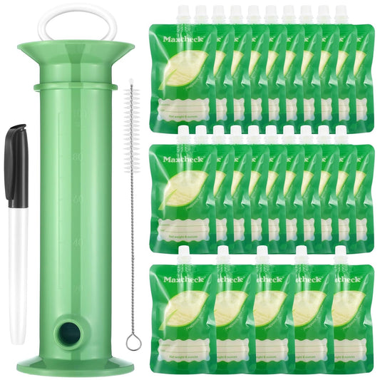 Maxcheck 103 Pcs Refillable Baby Food Pouches Maker Set Include 100 Pcs Portable Fruit Puree Pouch Storage Bags, Baby Food Maker, Pen and Brush for Babies Kids Toddlers